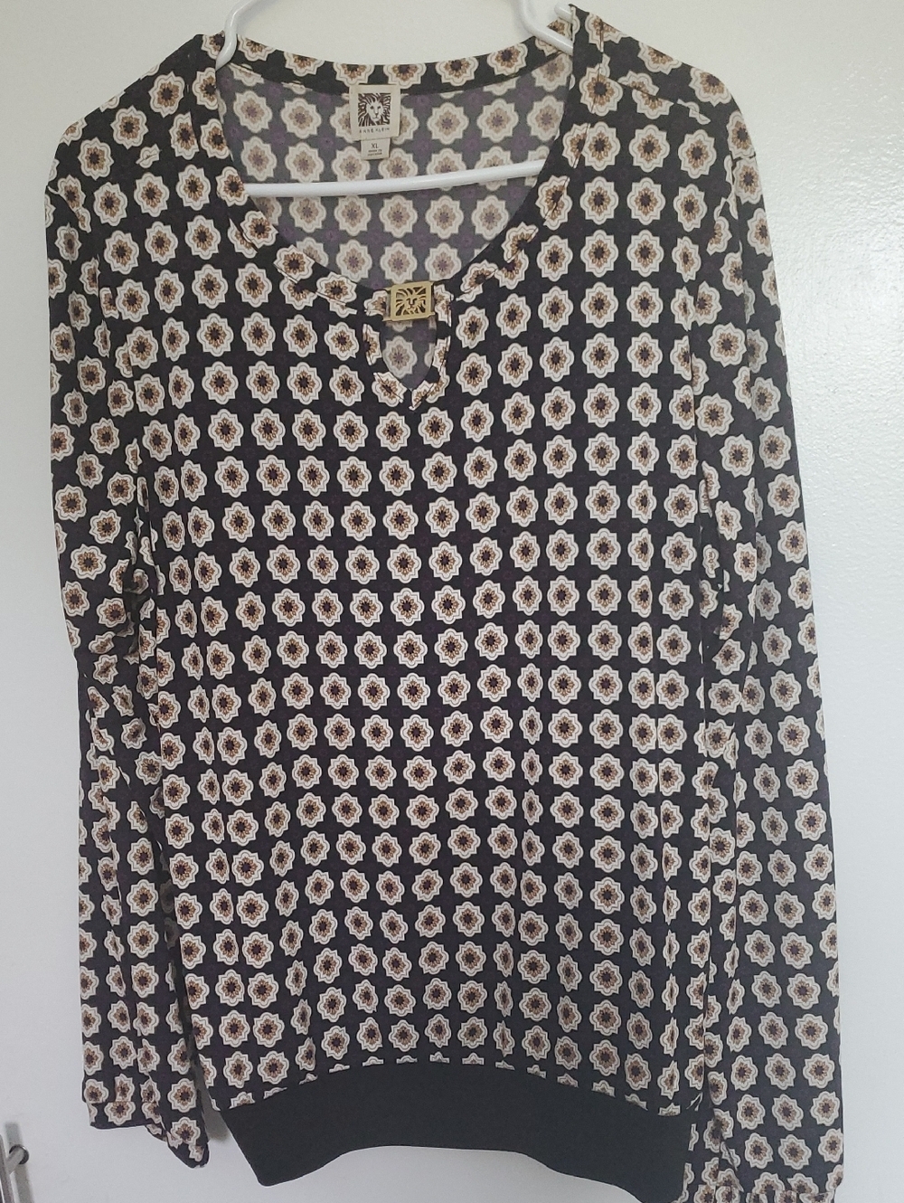 Anne Klein Black Floral Geo Print Blouse with Purple Accents